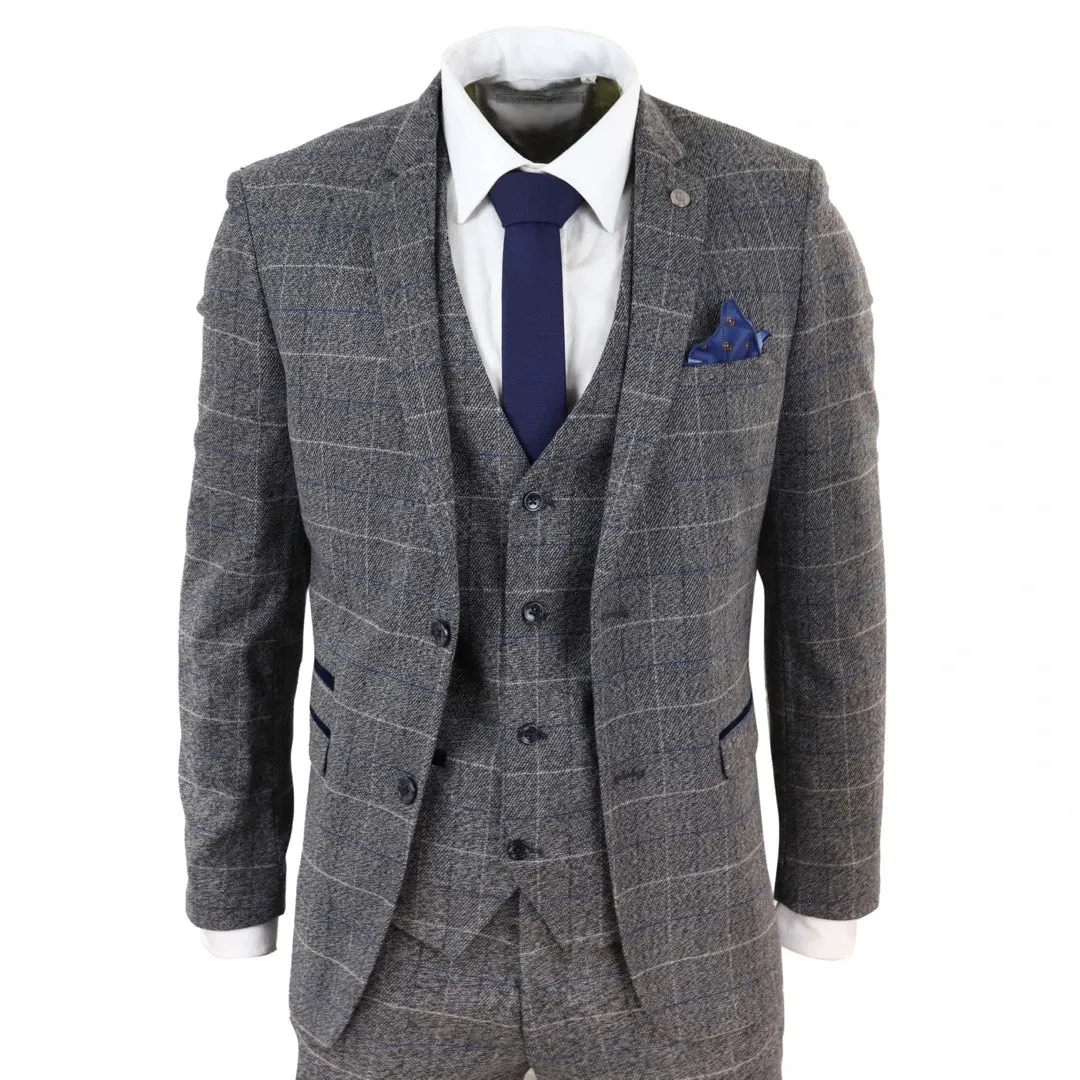 Abito Vintage da Uomo 3 Pezzi in Tweed a Scacchi e Finiture in Velluto