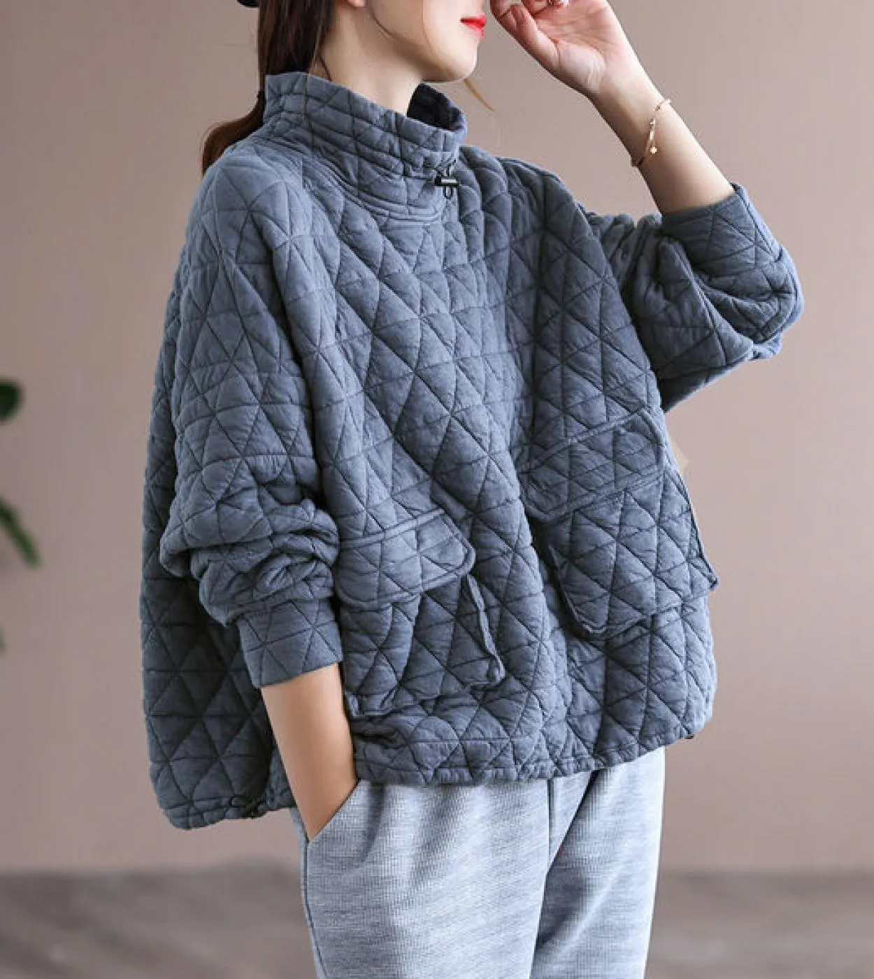 Autunno Inverno New Arts Style Donna manica lunga dolcevita Pullover allentato doppia tasca rombo addensare felpe con cappuccio