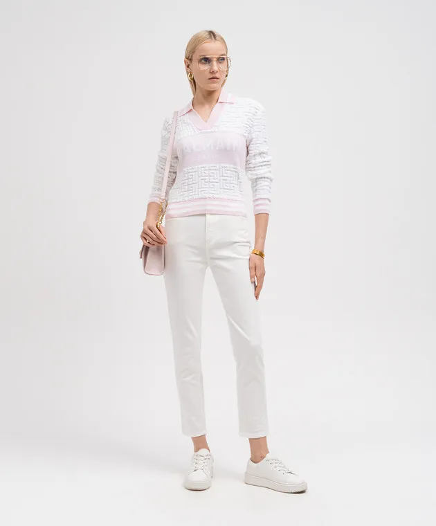 Balmain Polo bianca in lana con motivo strutturato con logo DF1GD025KE95