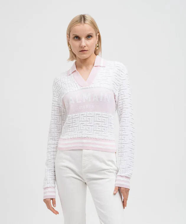 Balmain Polo bianca in lana con motivo strutturato con logo DF1GD025KE95