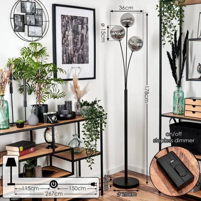 Bernado Lampada da terra - Vetro 15 cm Grigio fumo, 3-Luci