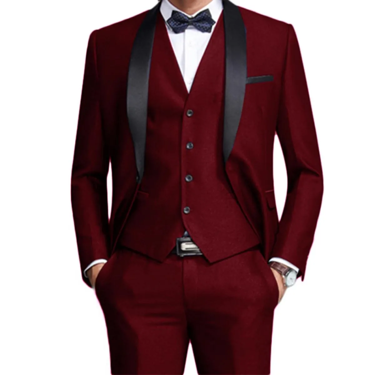 Blazer bordeaux Abiti da uomo Casual Scialle nero Risvolto monopetto Terno Costume Hombres Giacca Pantaloni Gilet Blazer Uomo 20