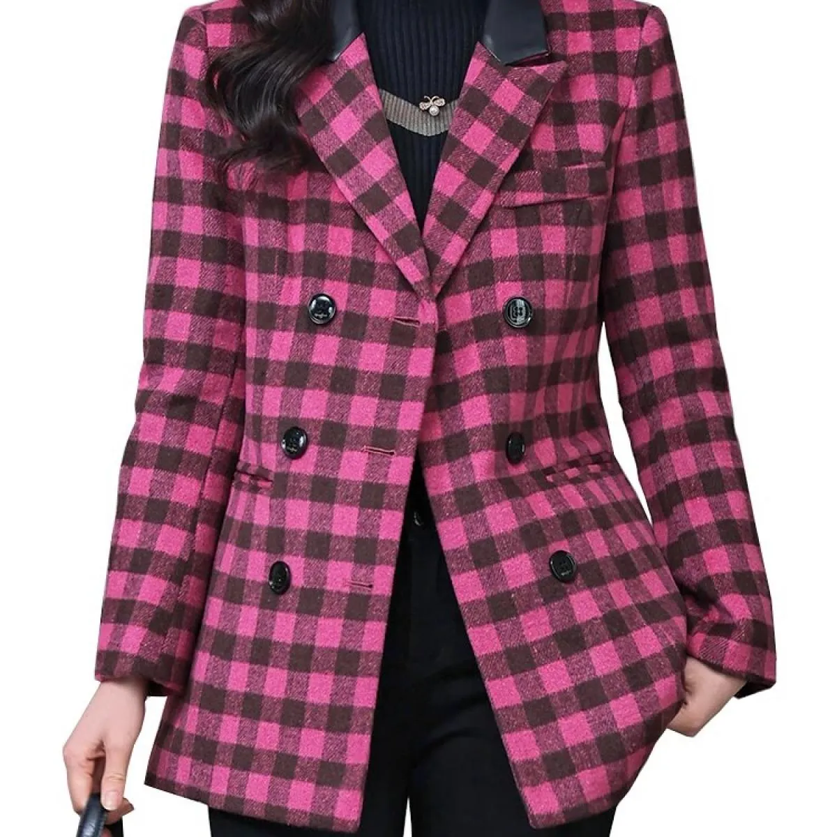 Blazer da donna Giacca casual da donna Cappotto autunnale invernale da donna a maniche lunghe scozzese verde albicocca rosa a tr