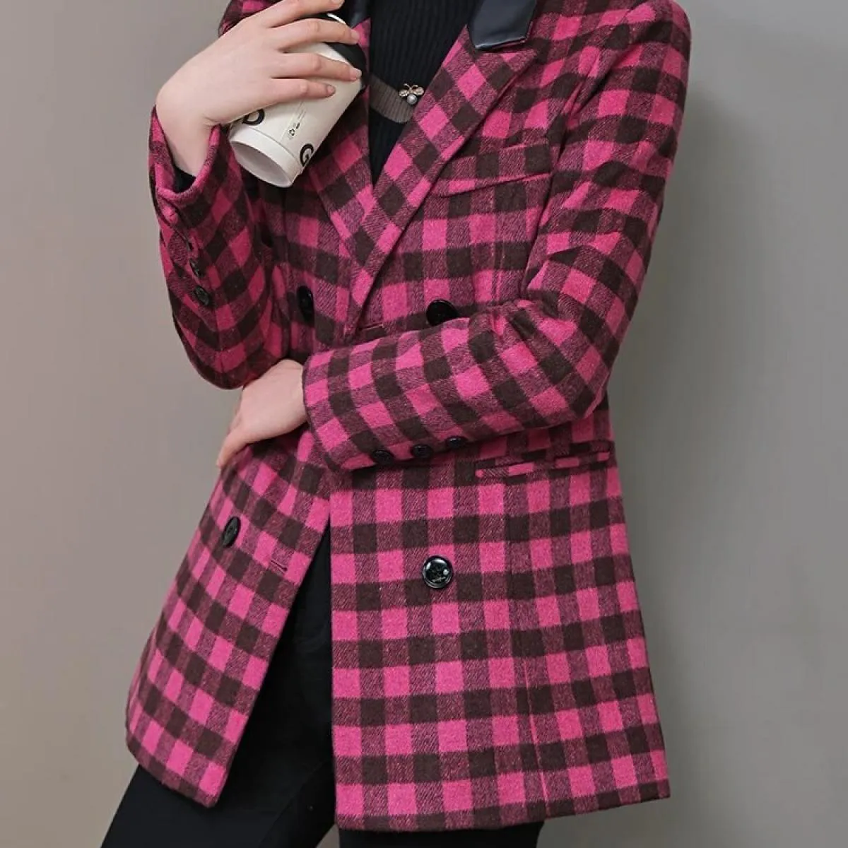 Blazer da donna Giacca casual da donna Cappotto autunnale invernale da donna a maniche lunghe scozzese verde albicocca rosa a tr