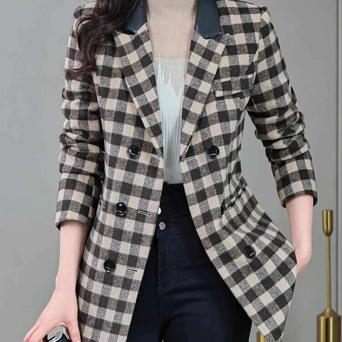 Blazer da donna Giacca casual da donna Cappotto autunnale invernale da donna a maniche lunghe scozzese verde albicocca rosa a tr