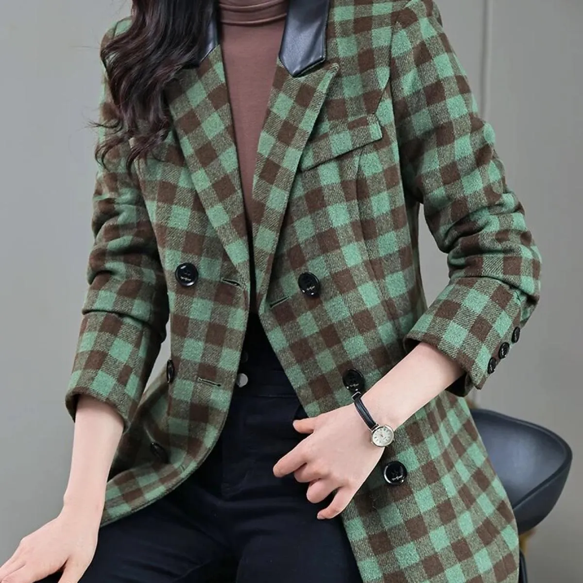 Blazer da donna Giacca casual da donna Cappotto autunnale invernale da donna a maniche lunghe scozzese verde albicocca rosa a tr
