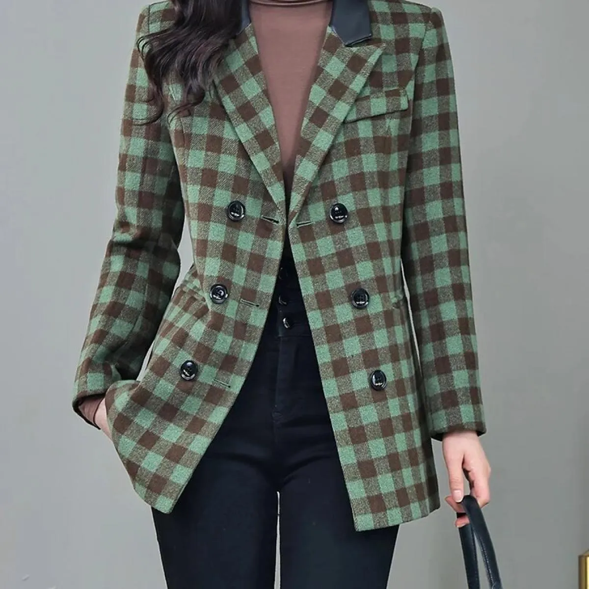 Blazer da donna Giacca casual da donna Cappotto autunnale invernale da donna a maniche lunghe scozzese verde albicocca rosa a tr