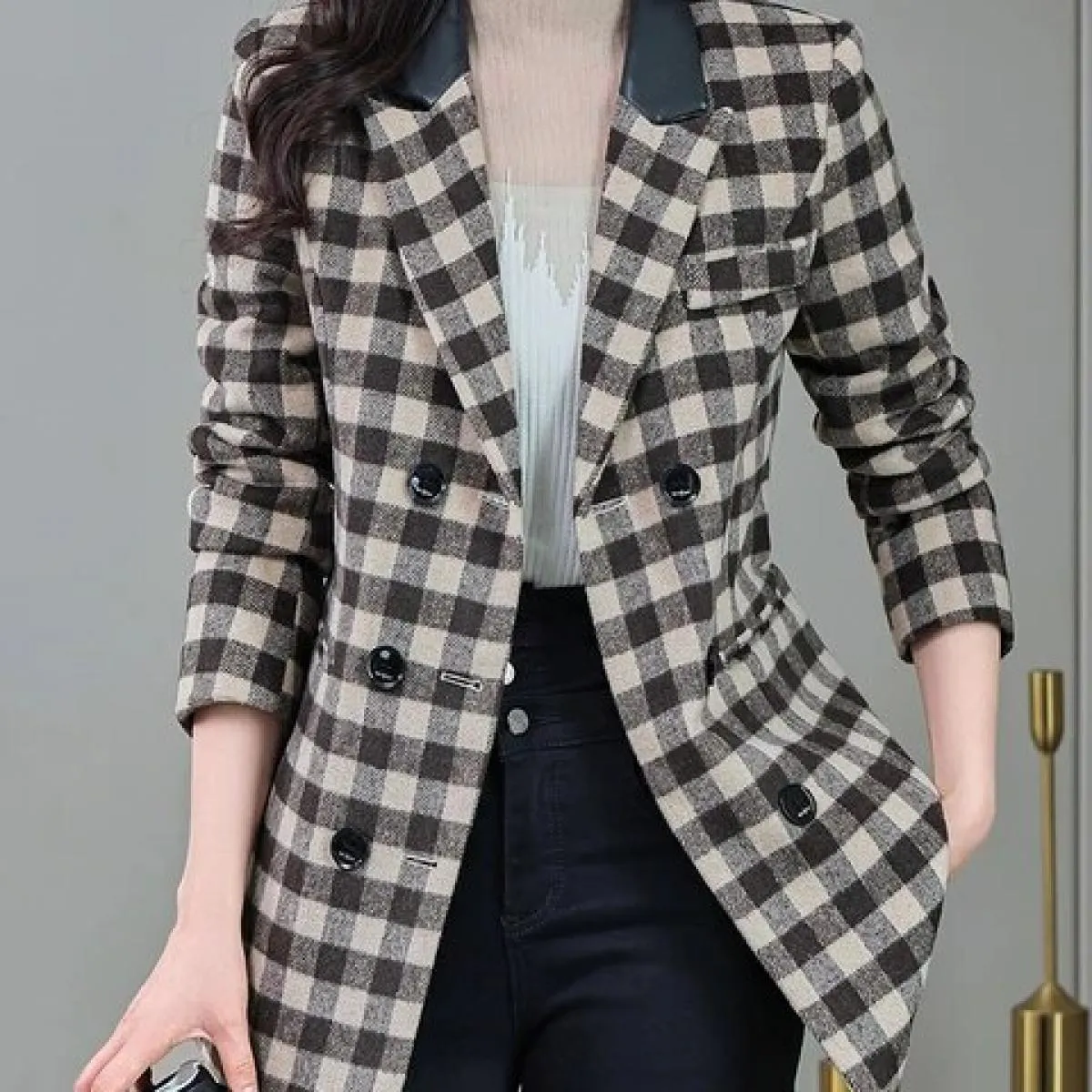 Blazer da donna Giacca casual da donna Cappotto autunnale invernale da donna a maniche lunghe scozzese verde albicocca rosa a tr