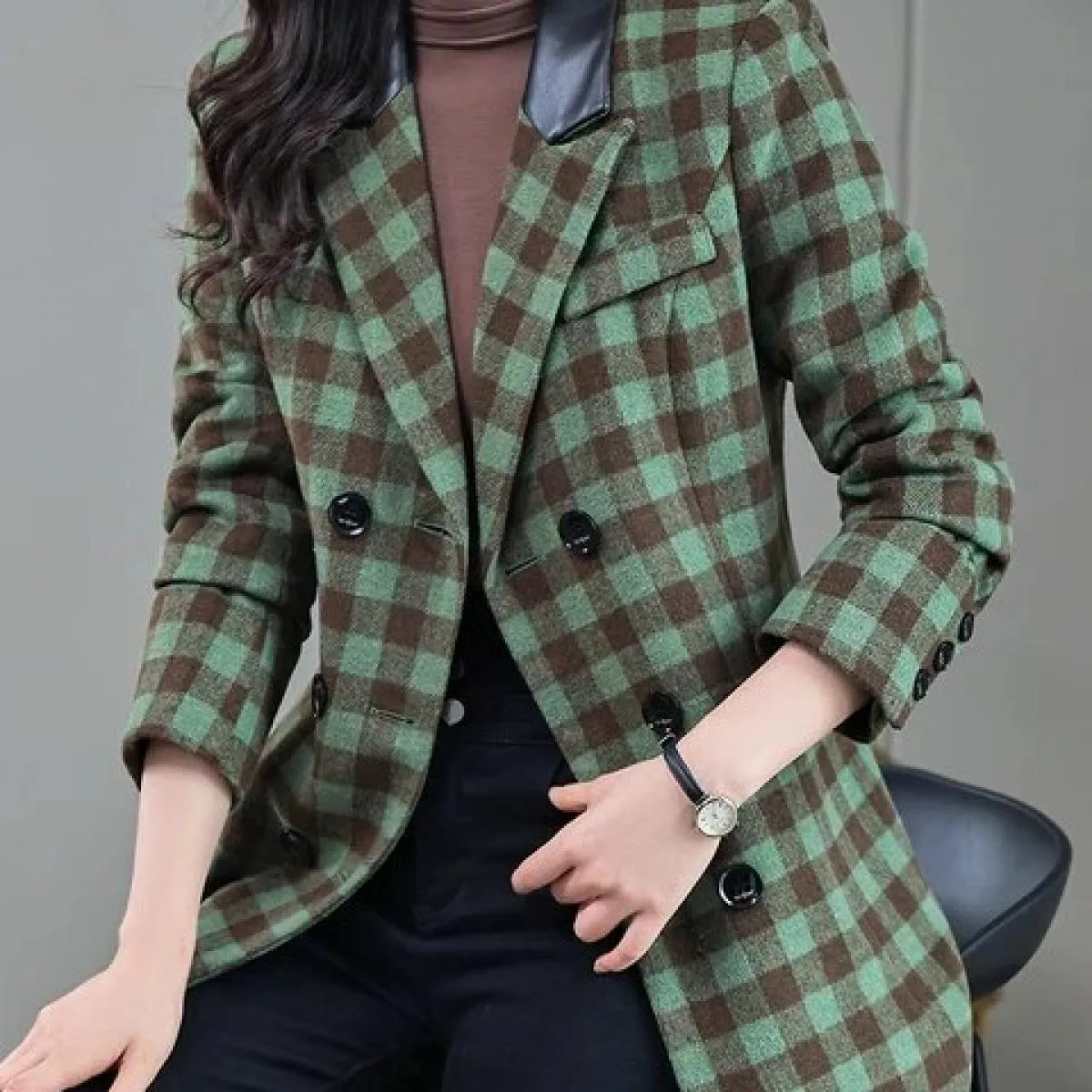 Blazer da donna Giacca casual da donna Cappotto autunnale invernale da donna a maniche lunghe scozzese verde albicocca rosa a tr