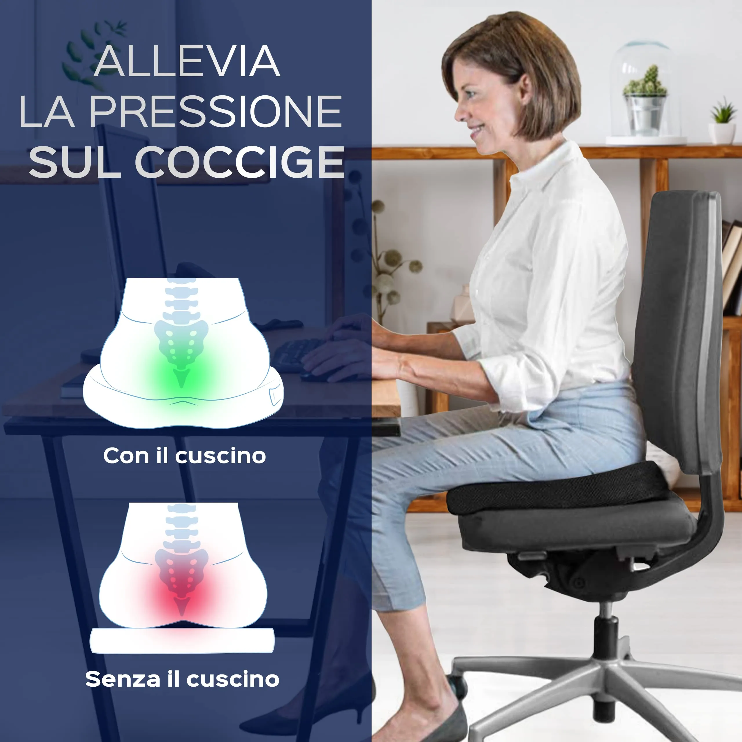 Bonmedico Cuscino Antidecubito - Cuscino Ortopedico Posturale per Casa, Ufficio e Auto - Rialzo per Sedia Ergonomico in Memory F