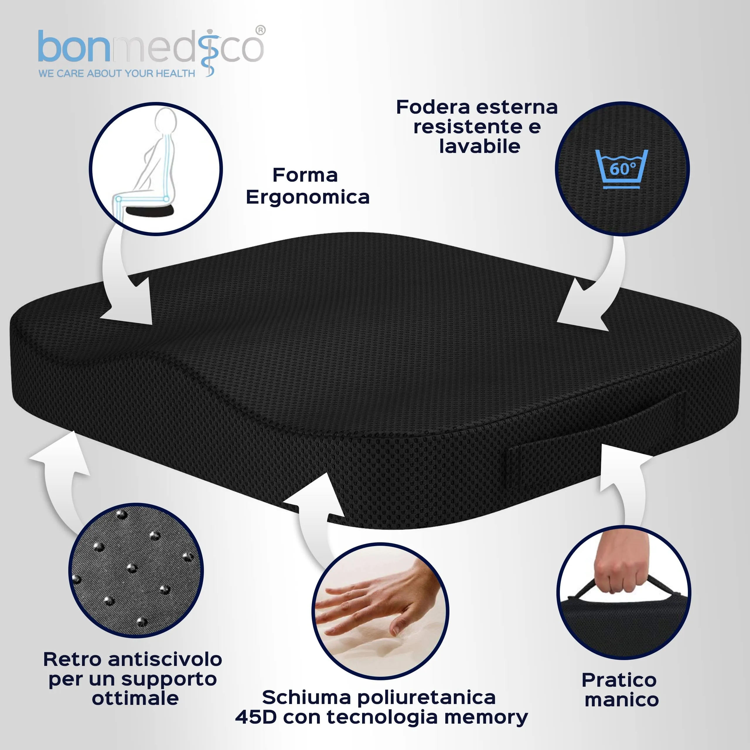 Bonmedico Cuscino Antidecubito - Cuscino Ortopedico Posturale per Casa, Ufficio e Auto - Rialzo per Sedia Ergonomico in Memory F