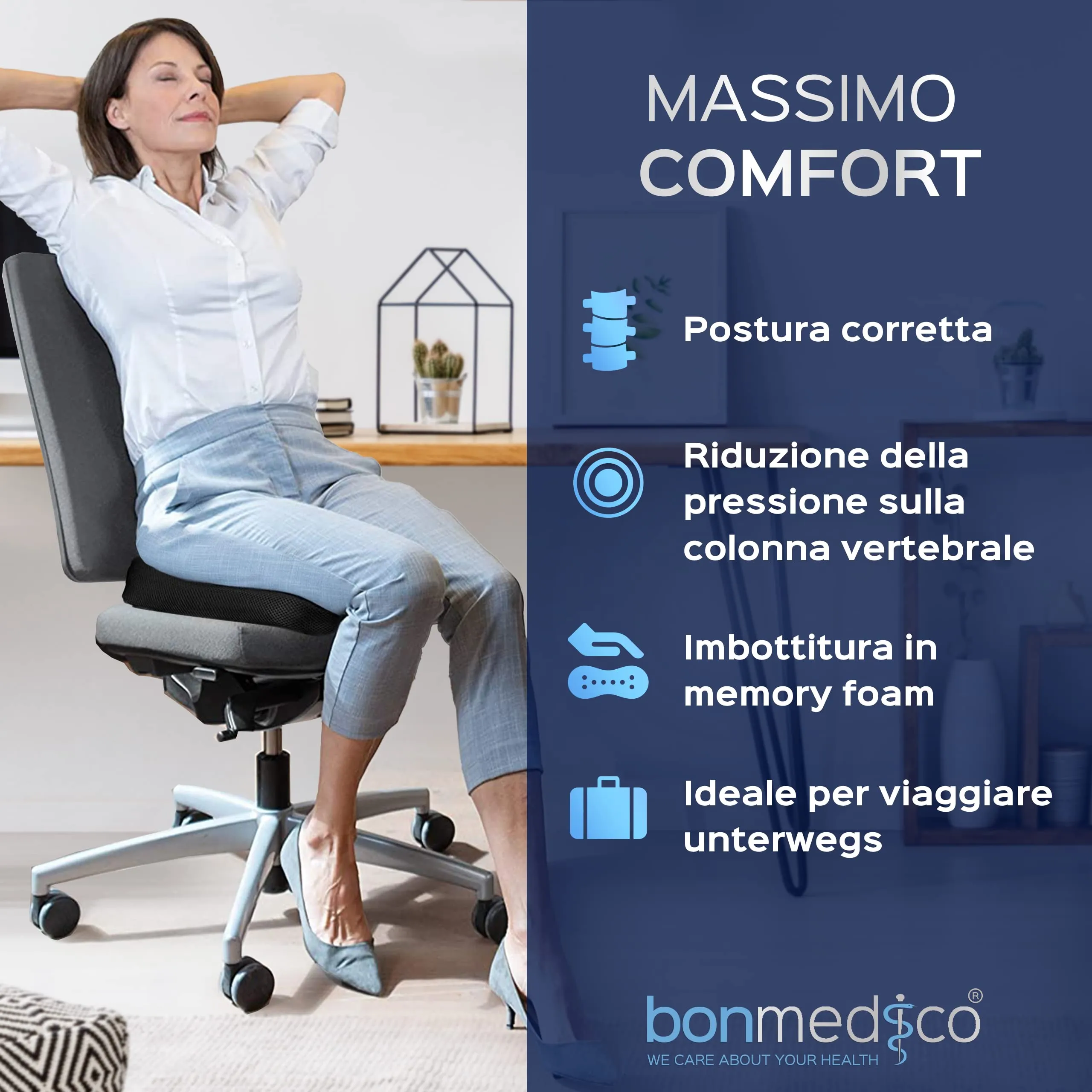 Bonmedico Cuscino Antidecubito - Cuscino Ortopedico Posturale per Casa, Ufficio e Auto - Rialzo per Sedia Ergonomico in Memory F