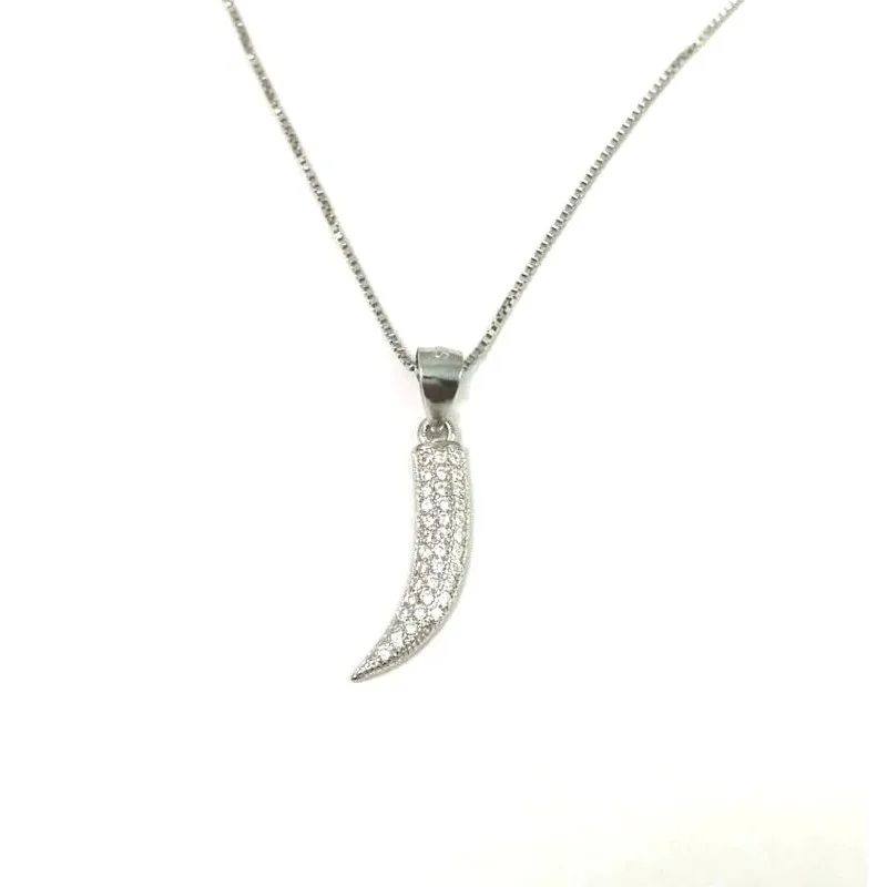 COLLANA CORNO PORTAFORTUNA IN ARGENTO 925 RODIATO ORO BIANCO CON ZIRCONI