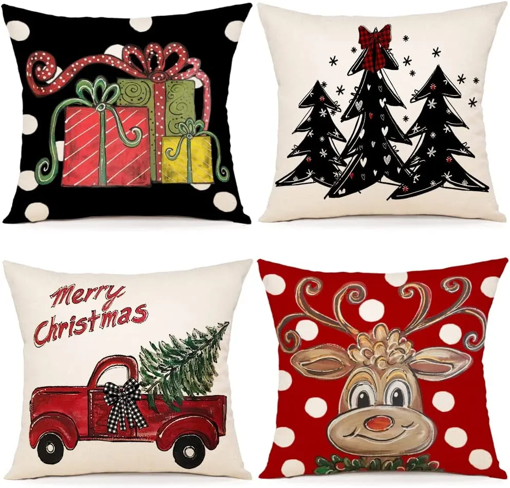 Cuscini Natalizi per Divano 4 Pack Federe Cuscini Divano 45x45 Federe Cuscini Natalizi Cotone e Lino Biancheria Cuscini per Diva