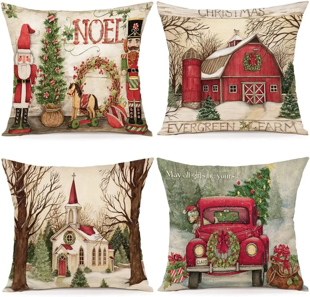 Cuscini Natalizi per Divano 4 Pack Federe Cuscini Divano 45x45 Federe Cuscini Natalizi Cotone e Lino Biancheria Cuscini per Diva