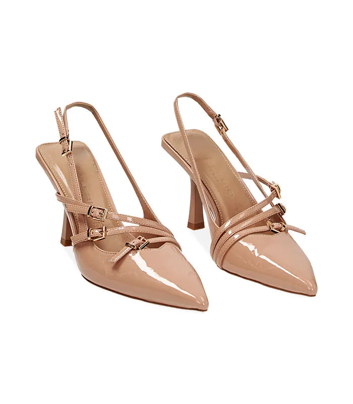 Décolleté slingback nude con fibbie in vernice