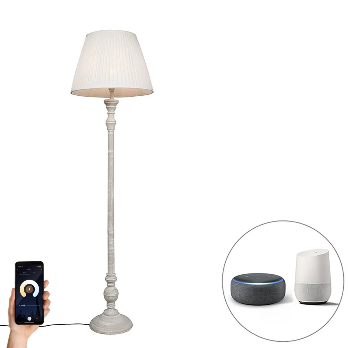 Elegante lampada da terra grigia con paralume plissettato bianco incluso Wifi A60 - Classico