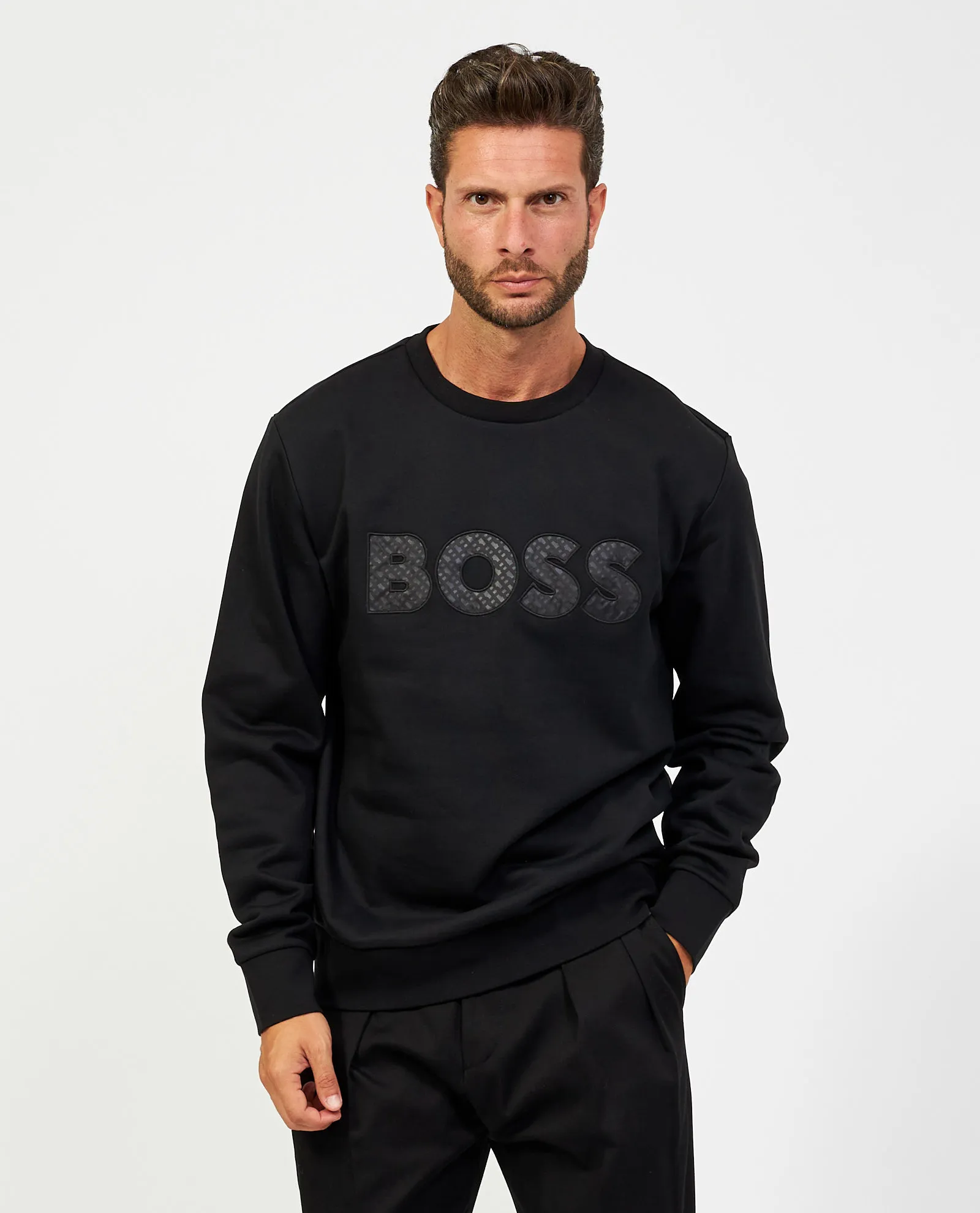 Felpa uomo Boss nera girocollo