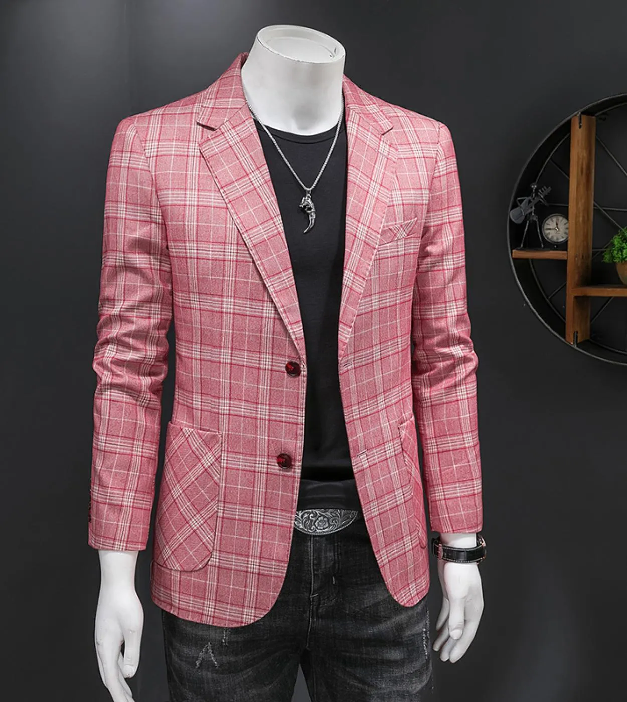 Giacca blazer scozzese rosa kaki 5xl Giacca sportiva da uomo stile slim fit Blazer da ballo per uomo Casual Club Stage Wear Q130