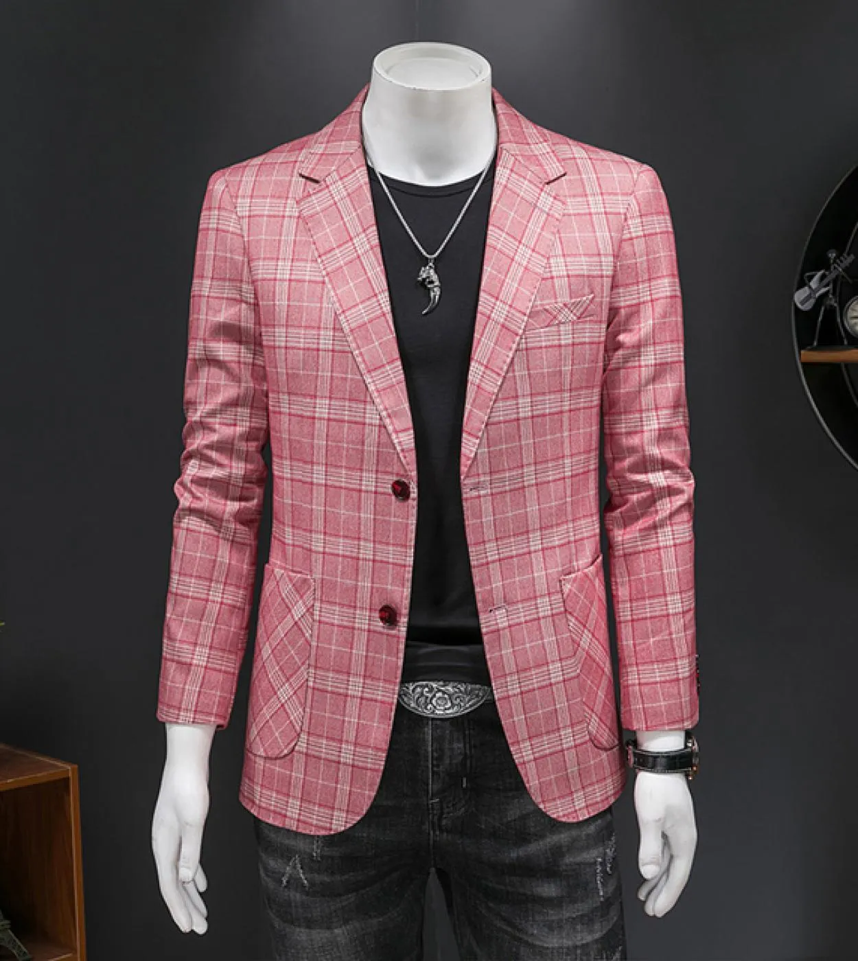 Giacca blazer scozzese rosa kaki 5xl Giacca sportiva da uomo stile slim fit Blazer da ballo per uomo Casual Club Stage Wear Q130