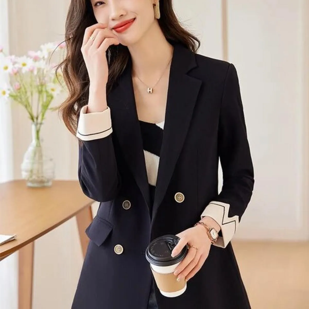Giacca da donna alla moda Giacca da cappotto casual femminile doppiopetto a maniche lunghe verde grigio giallo nero