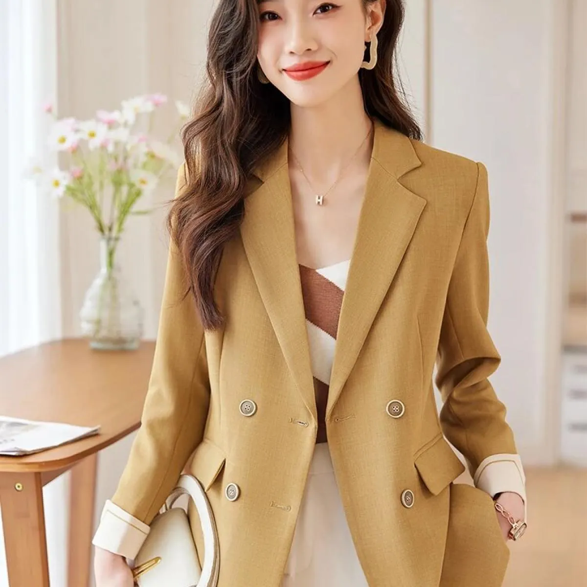 Giacca da donna alla moda Giacca da cappotto casual femminile doppiopetto a maniche lunghe verde grigio giallo nero