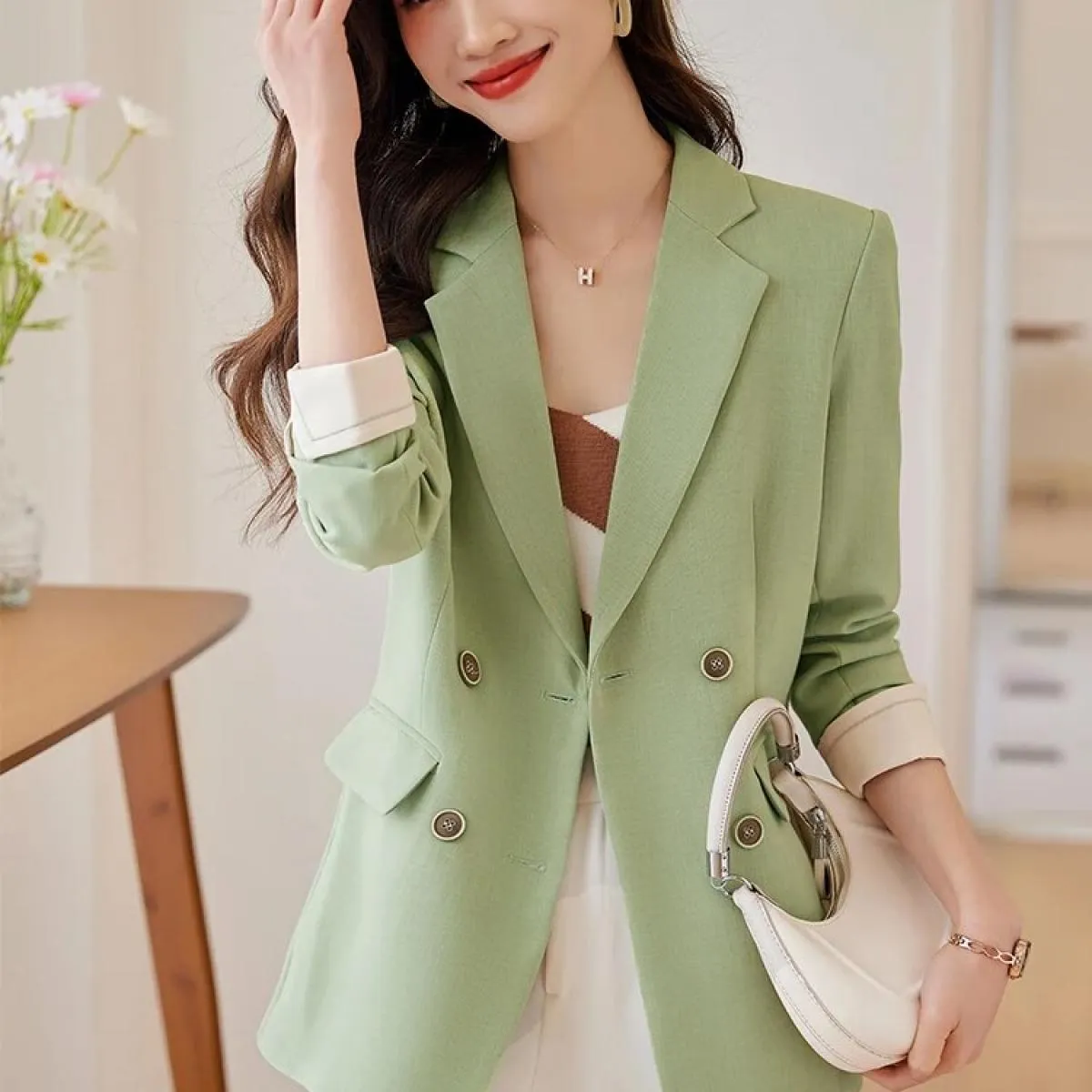 Giacca da donna alla moda Giacca da cappotto casual femminile doppiopetto a maniche lunghe verde grigio giallo nero