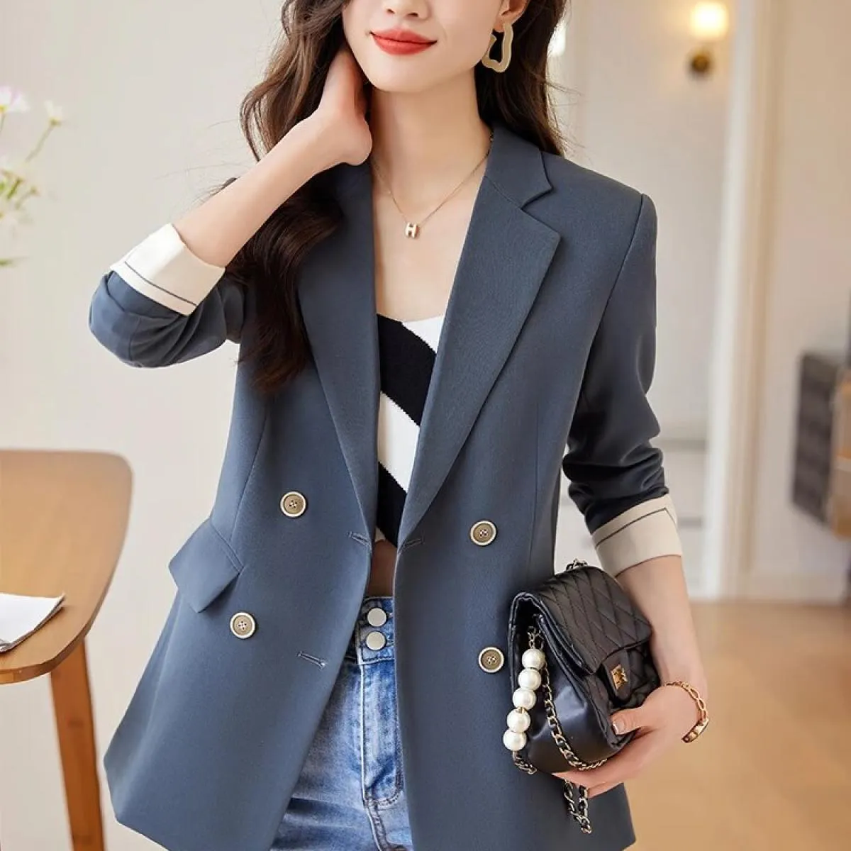 Giacca da donna alla moda Giacca da cappotto casual femminile doppiopetto a maniche lunghe verde grigio giallo nero