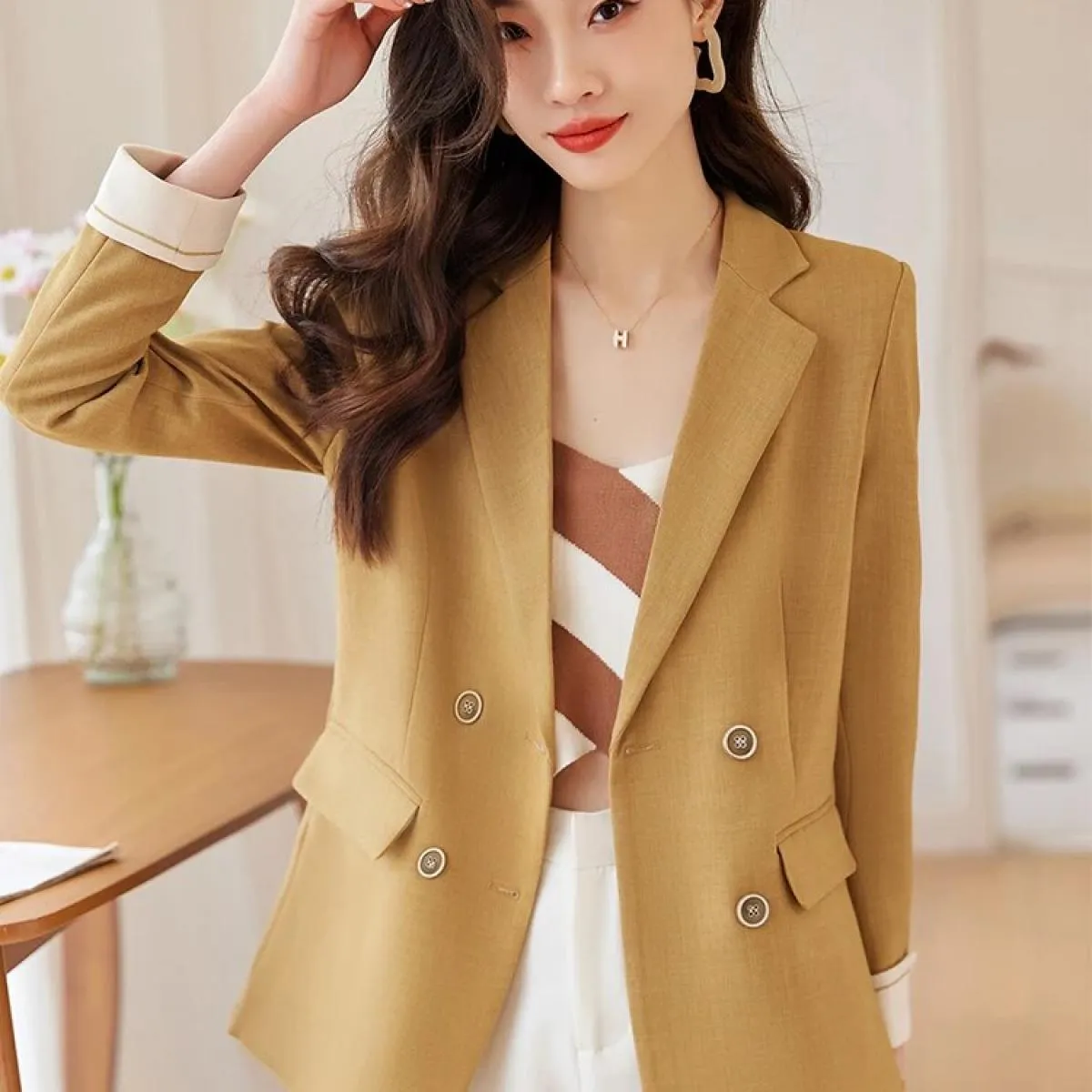 Giacca da donna alla moda Giacca da cappotto casual femminile doppiopetto a maniche lunghe verde grigio giallo nero