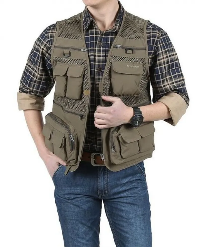 Gilet estivo da uomo Quick Dry Mesh Khaki Gilet multitasche Fotografo Giacche senza maniche da uomo Gilet da reporter casual amp