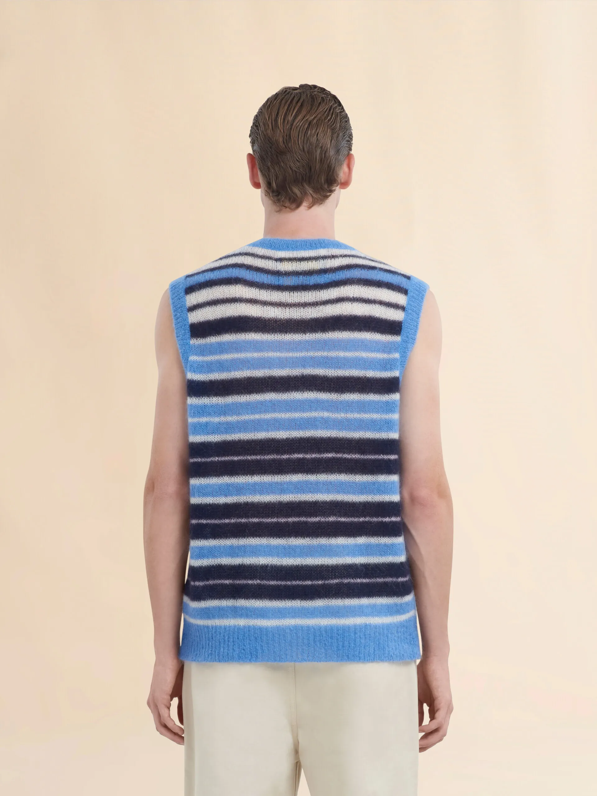 Gilet in mohair spazzolato azzurro a righe