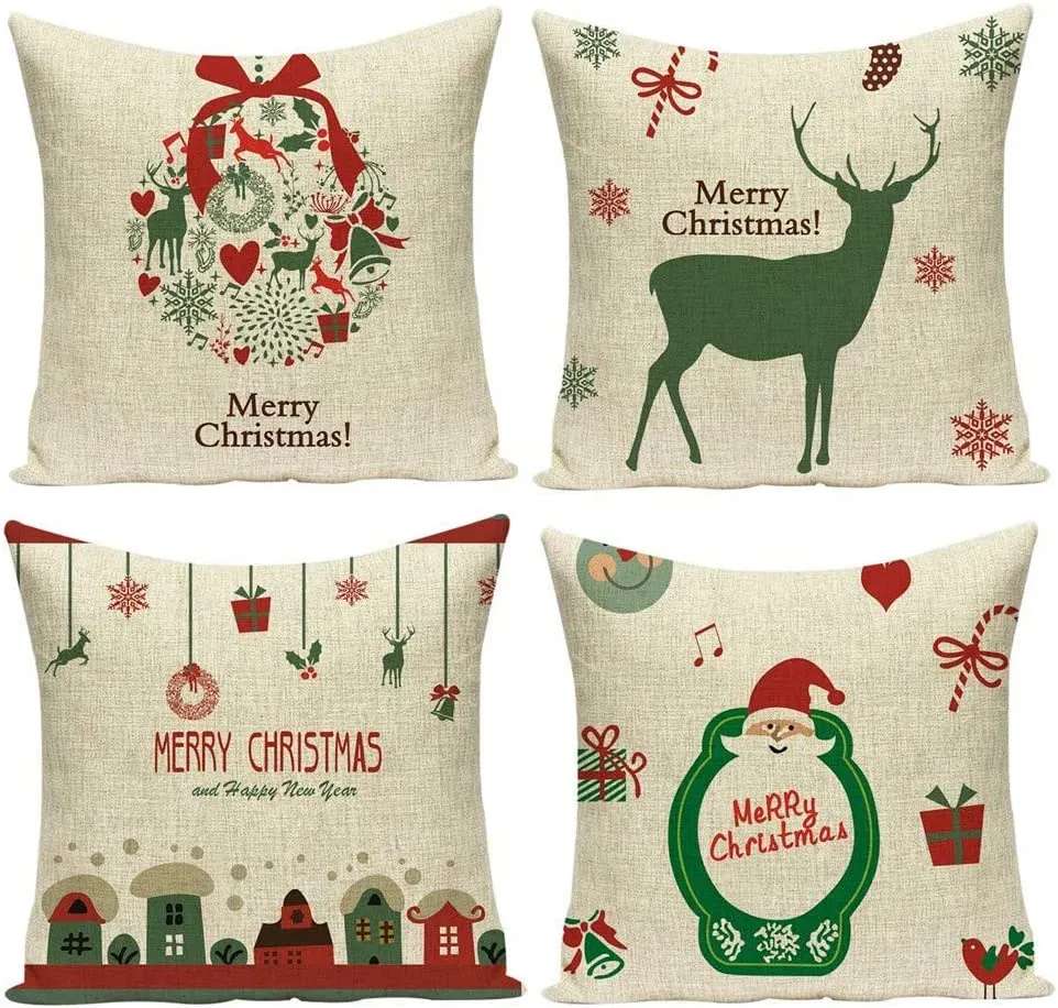 Gspirit Buon Natale Bellissimo Babbo Alce 4 Pack Cuscini per divani Decorativo Cotone Biancheria Cuscino copricuscini Divano Cas