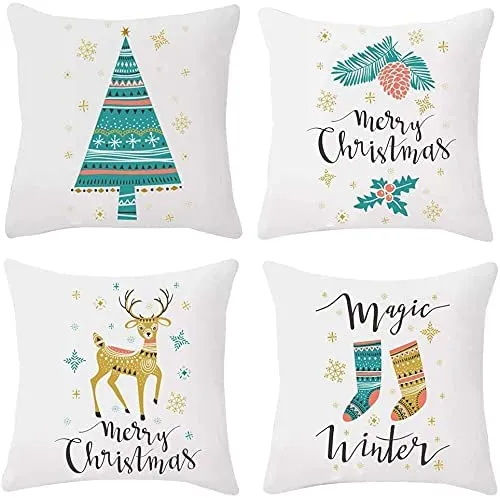 Gspirit Buon Natale Bellissimo Babbo Alce 4 Pack Cuscini per divani Decorativo Cotone Biancheria Cuscino copricuscini Divano Cas