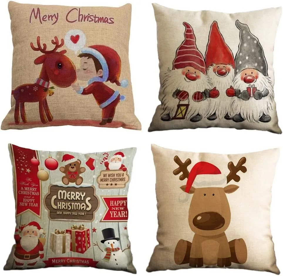 Gspirit Buon Natale Bellissimo Babbo Alce 4 Pack Cuscini per divani Decorativo Cotone Biancheria Cuscino copricuscini Divano Cas