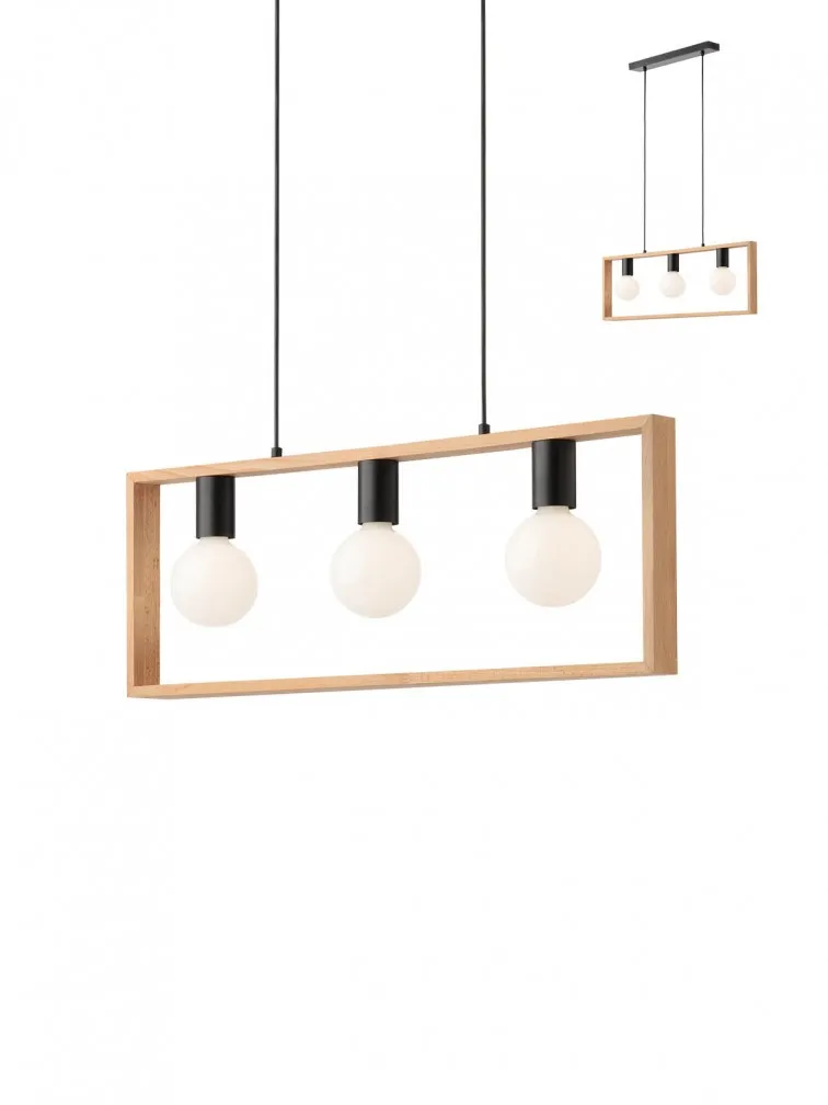Lampadario Legno Squadrato 3 Luci Portalampade Metallo Nero Timber Smarter