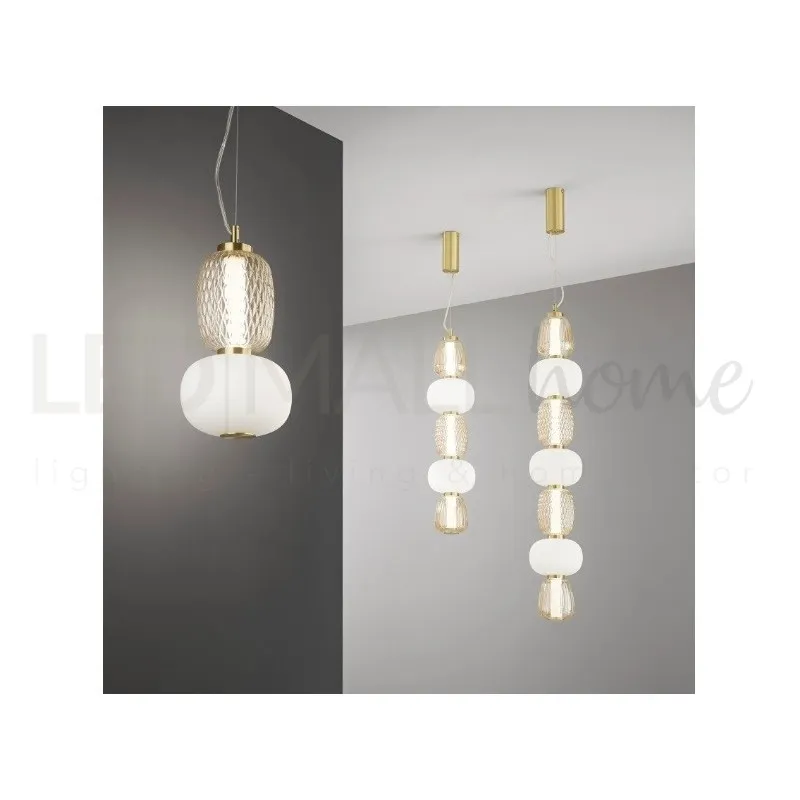 Lampadario Oro vetro trasparente diffusore opale Led Integrato