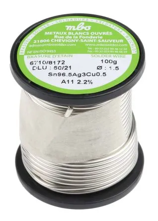 Lega saldante senza piombo MBO, Ø 1.5mm, punto fusione 217°C, 100g