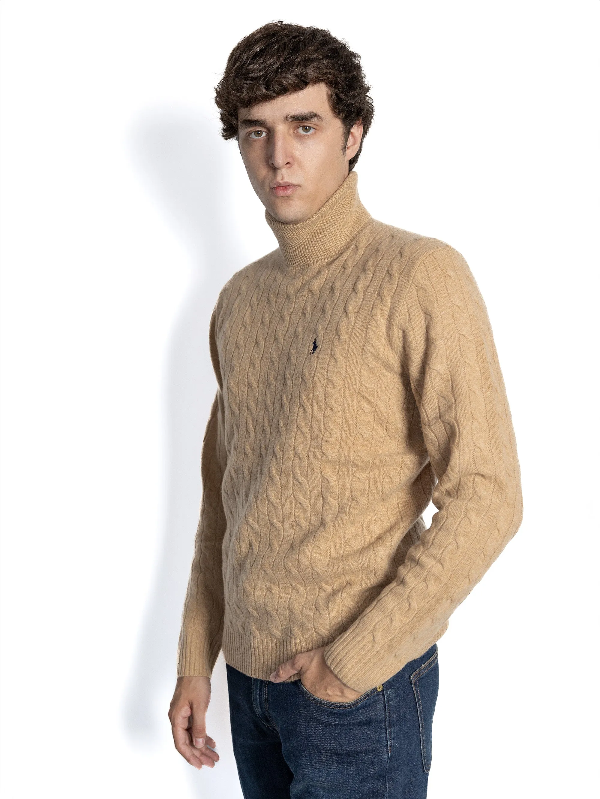 Maglia Collo Alto a Trecce Cammello