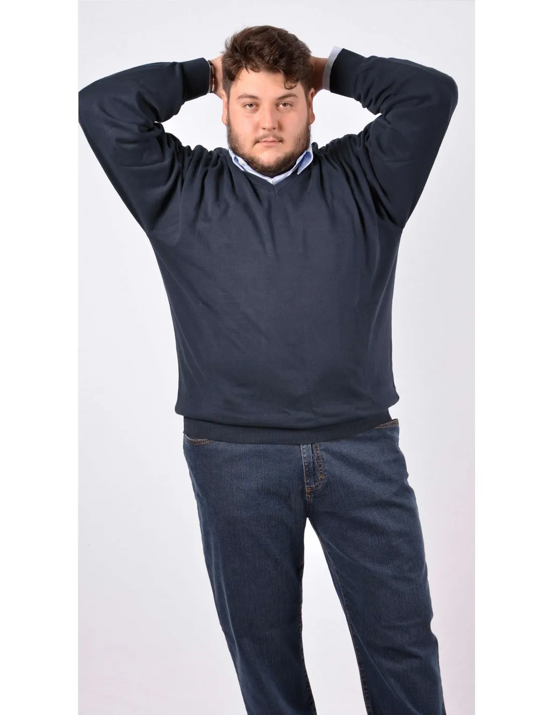 Maglia collo v ml lana blu taglie forti
