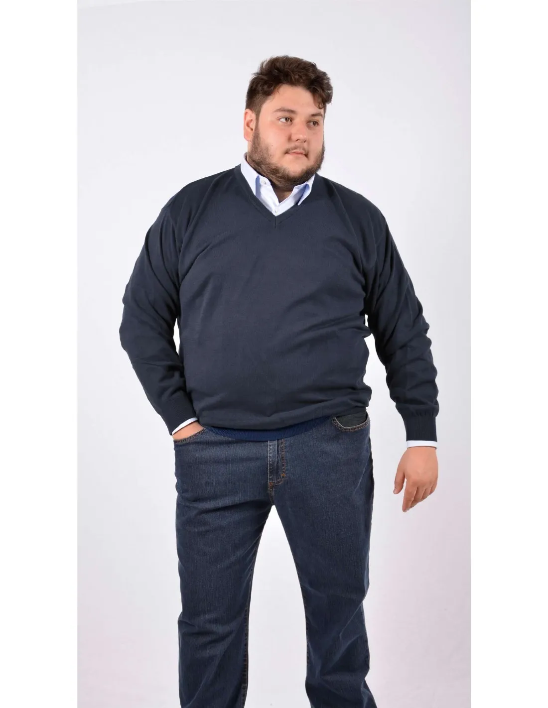 Maglia collo v ml lana blu taglie forti