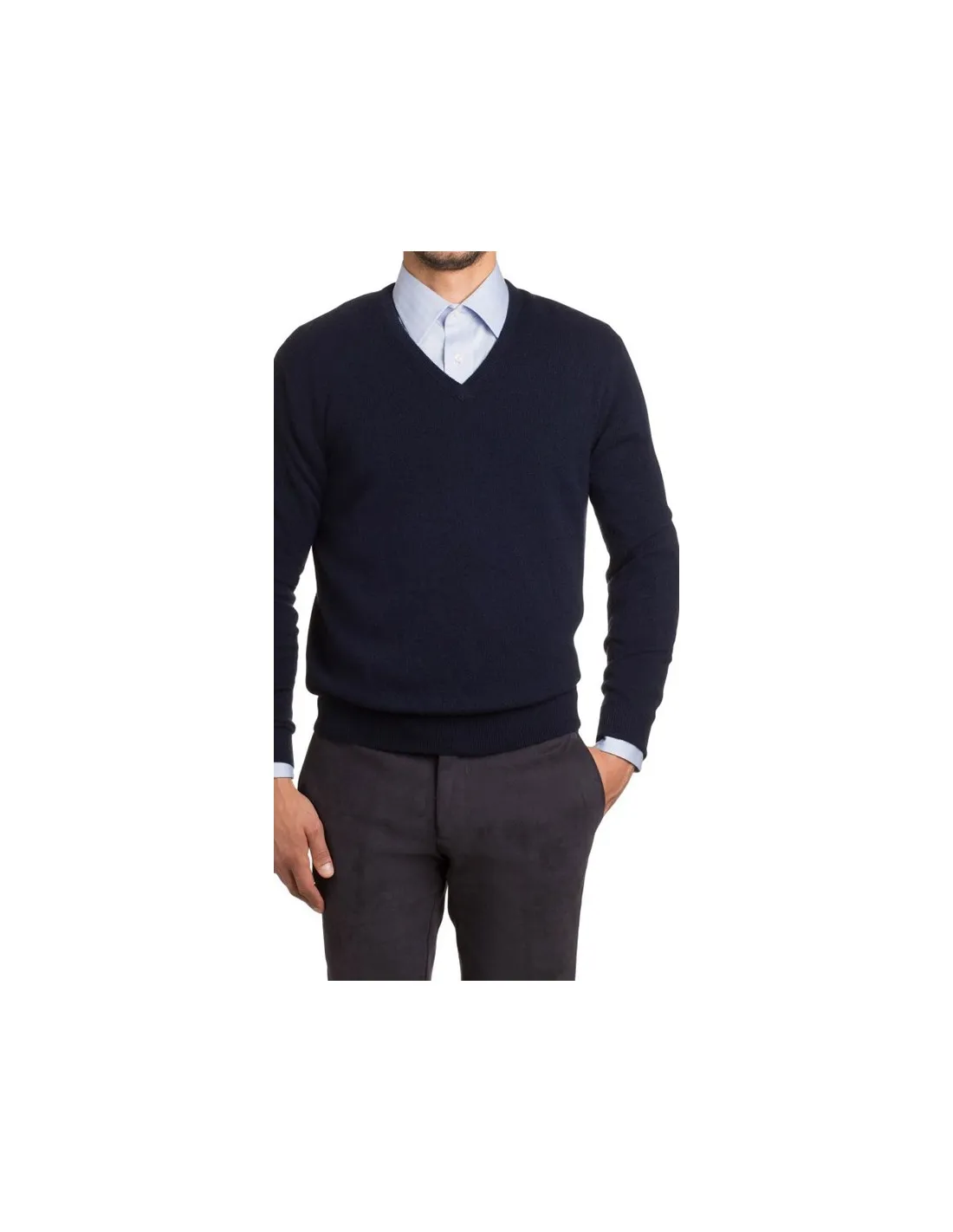 Maglia collo v ml lana blu taglie forti