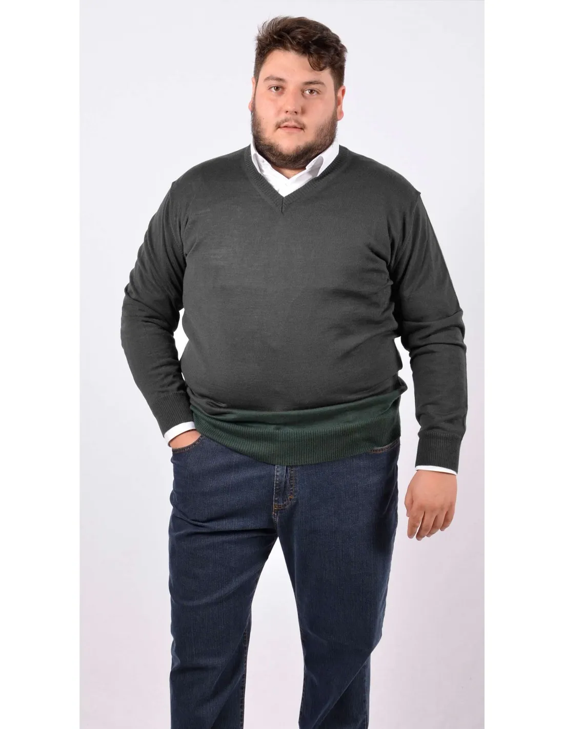 Maglia collo v ml p lana merino grigio taglie forti