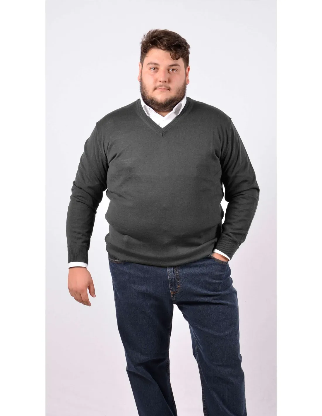 Maglia collo v ml p lana merino grigio taglie forti