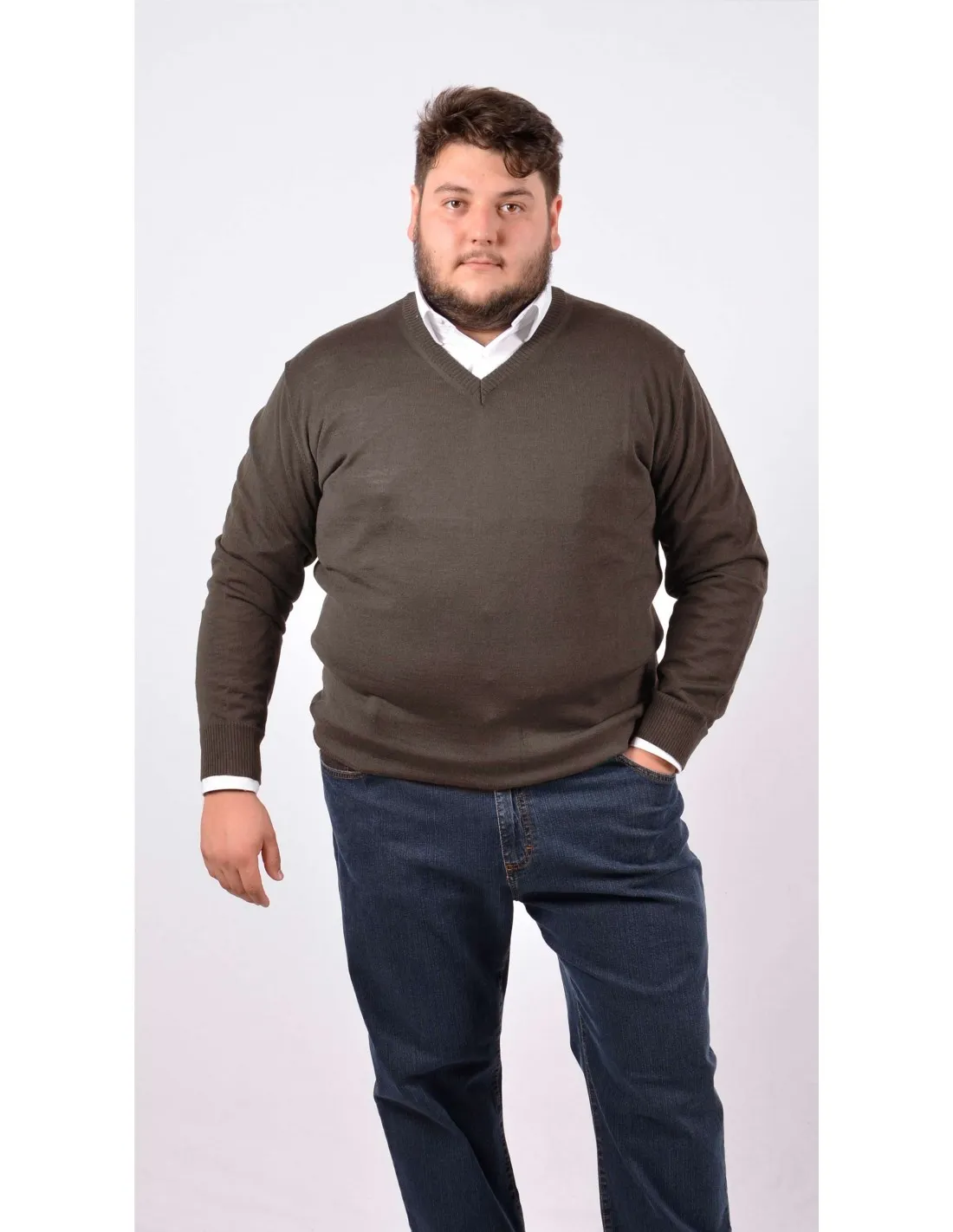 Maglia collo v ml p lana merino nocciola taglie forti