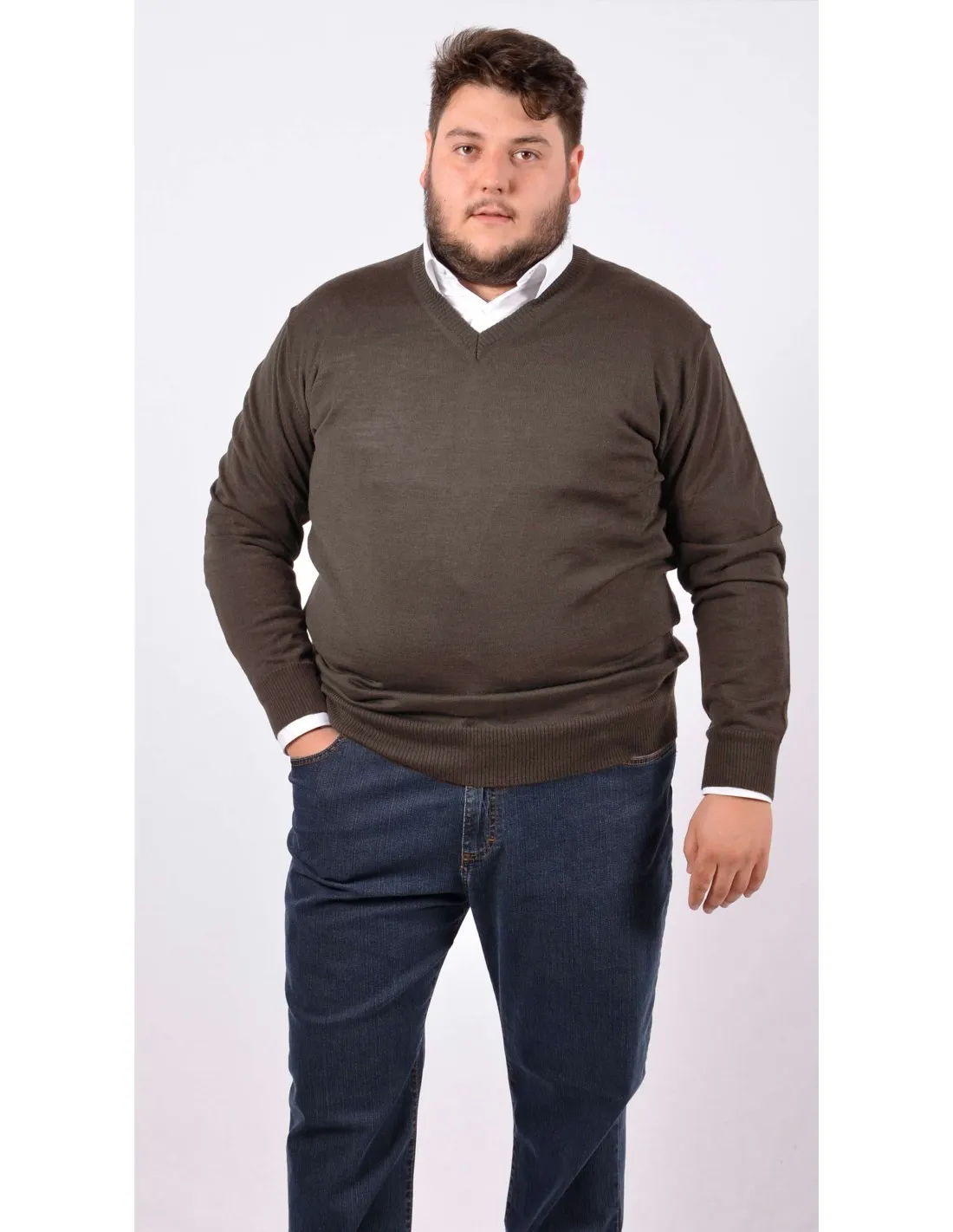 Maglia collo v ml p lana merino nocciola taglie forti
