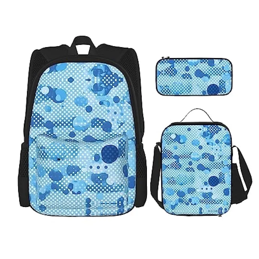 OdDdot Zaino blu con stampa pallavolo, zaino da viaggio, borsa leggera resistente all’acqua, con borsa per il pranzo, astuccio 2