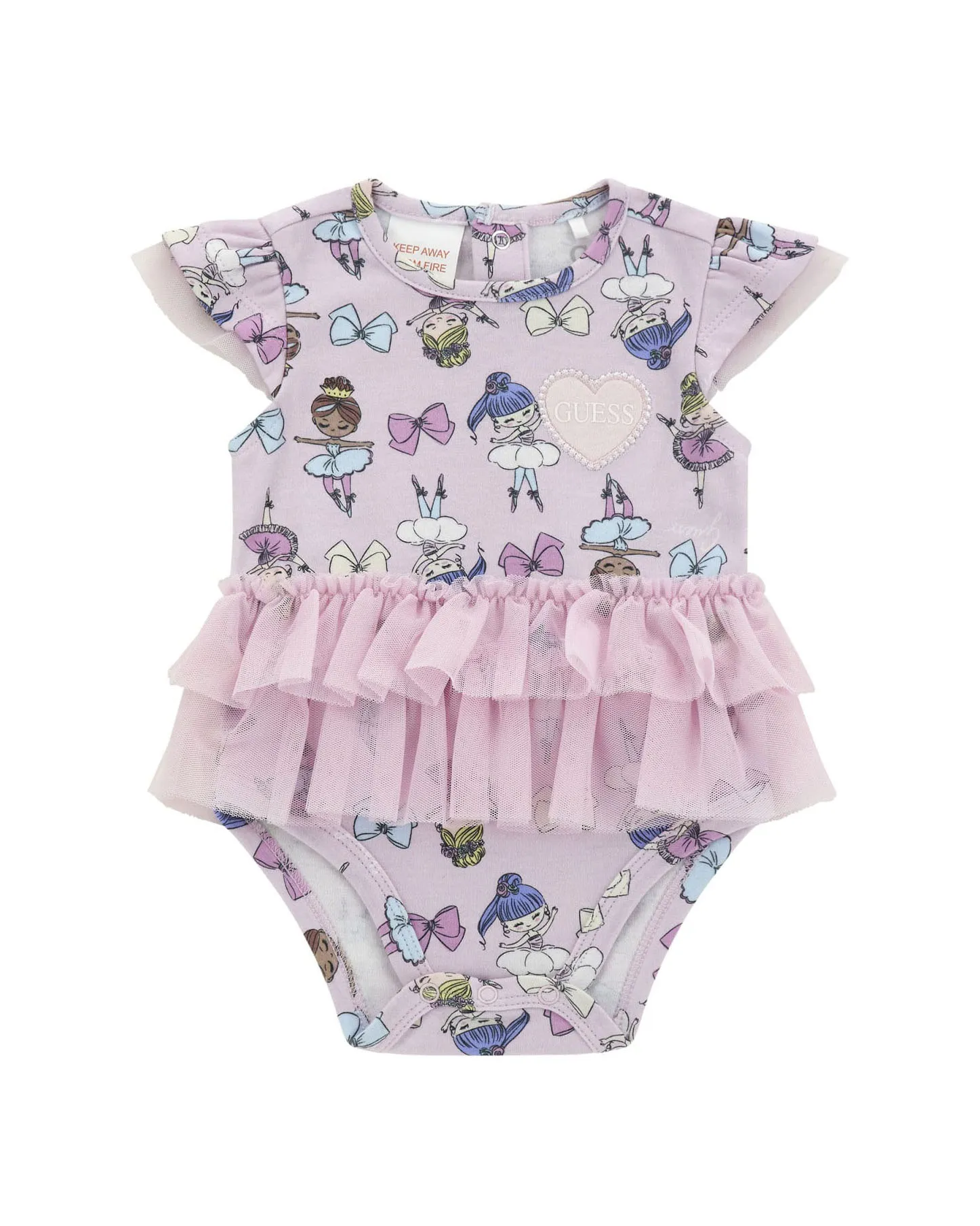 Pagliaccetto lilla in cotone a maniche corte con tulle e stampa ballerine all-over 3-9 mesi