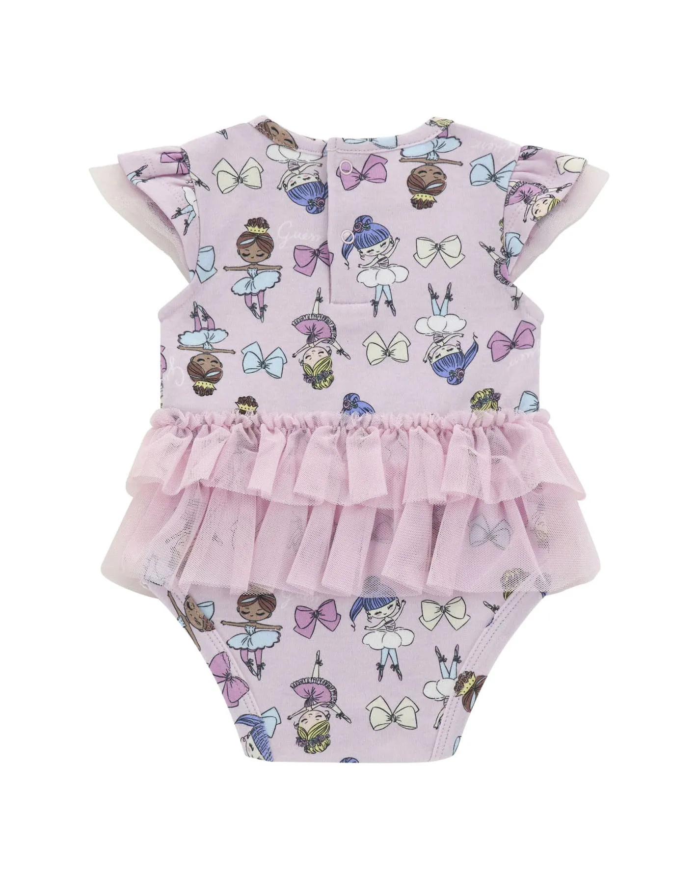 Pagliaccetto lilla in cotone a maniche corte con tulle e stampa ballerine all-over 3-9 mesi