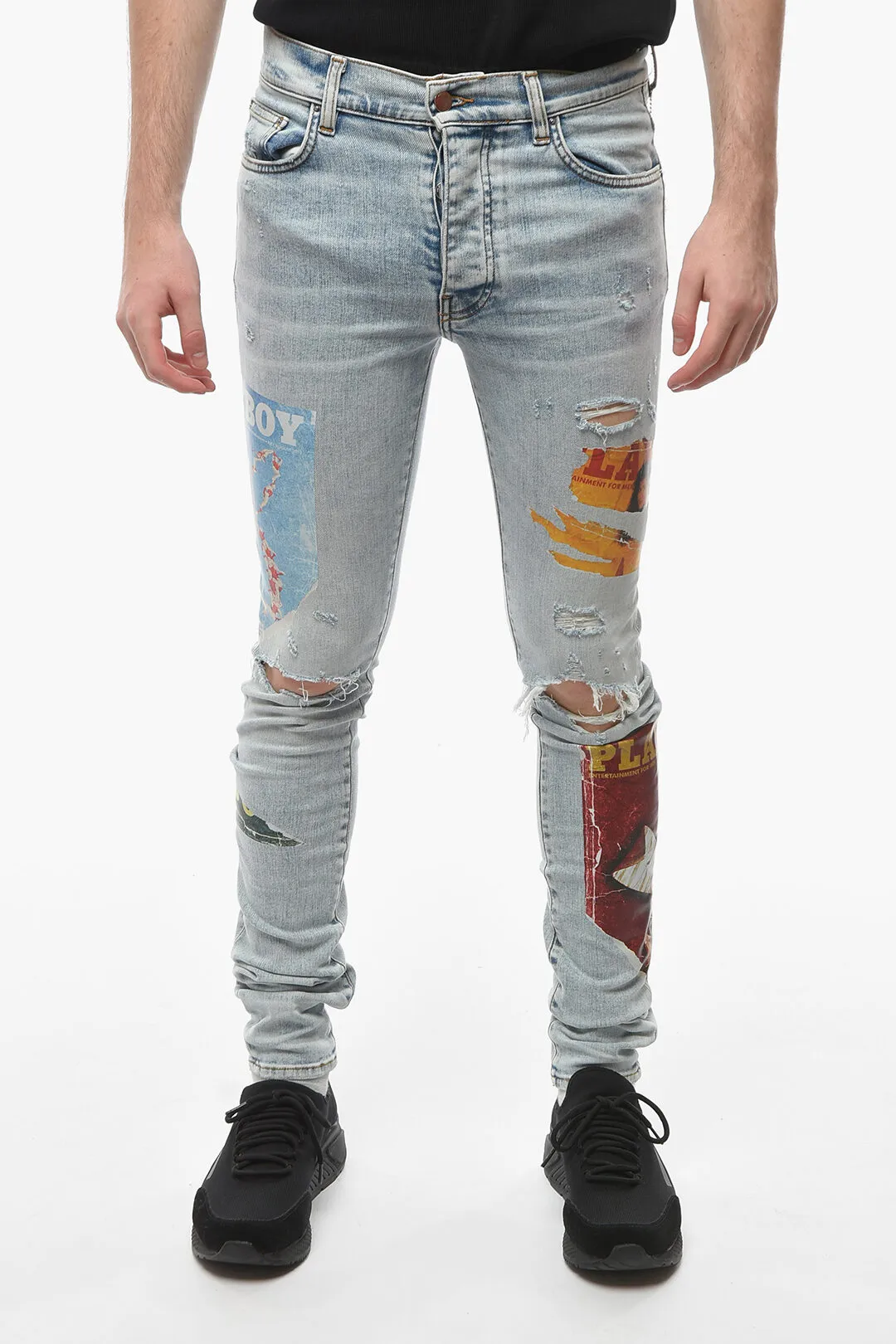 PLAYBOY Jeans Skinny Distressed con Stampe 14cm
