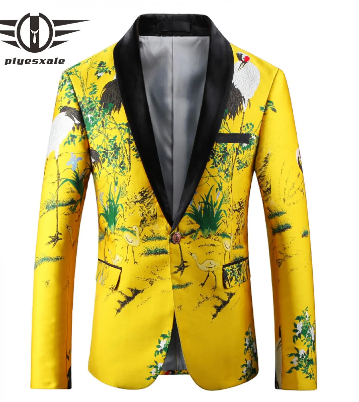 Plyesxale Blazer Giallo Nero Uomo Slim Fit Ricamo Floreale Giacca Blazer Collo a Scialle Abito Casual Mens Prom Blazer Q